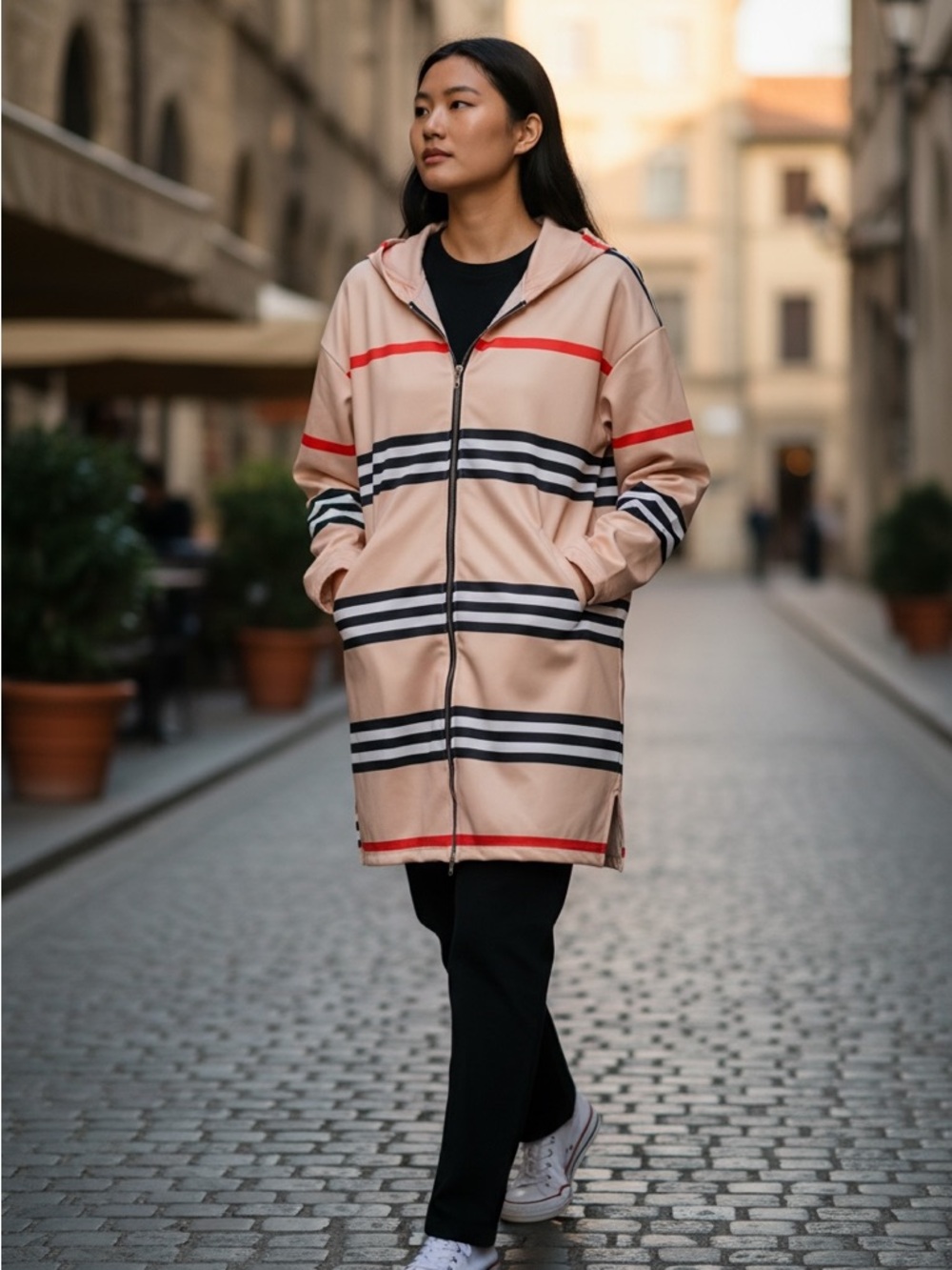 Striped Hooded Zip-Up Long Jacket in Beige and Black
